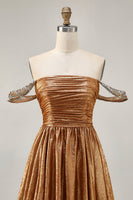 Load image into Gallery viewer, Sparkly Green Metallic A Line Off the Shoulder Short Homecoming Dress