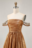 Load image into Gallery viewer, Sparkly Golden Metallic Ruched A Line Short Homecoming Dress