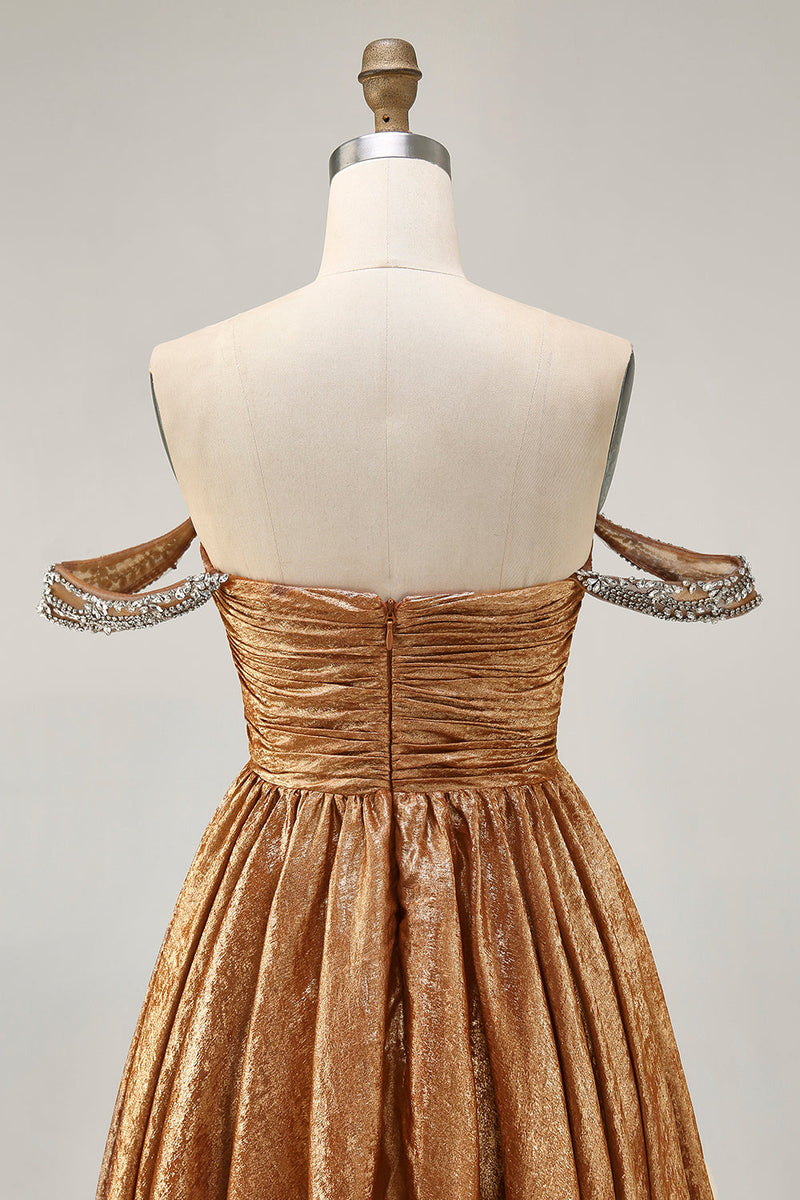 Load image into Gallery viewer, Sparkly Golden Metallic Ruched A Line Short Homecoming Dress