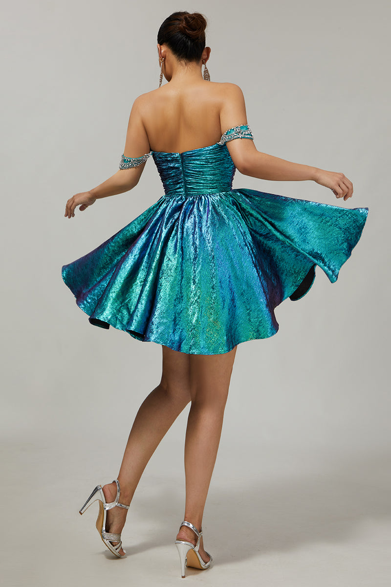 Load image into Gallery viewer, Sparkly Green Metallic A Line Off the Shoulder Short Homecoming Dress