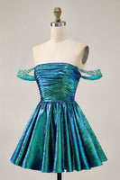 Load image into Gallery viewer, Sparkly Green Metallic A Line Off the Shoulder Short Homecoming Dress