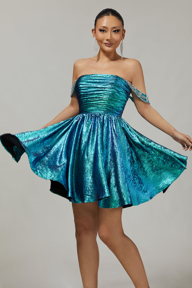 Load image into Gallery viewer, Sparkly Golden Metallic Ruched A Line Short Homecoming Dress