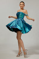 Load image into Gallery viewer, Sparkly Green Metallic A Line Off the Shoulder Short Homecoming Dress