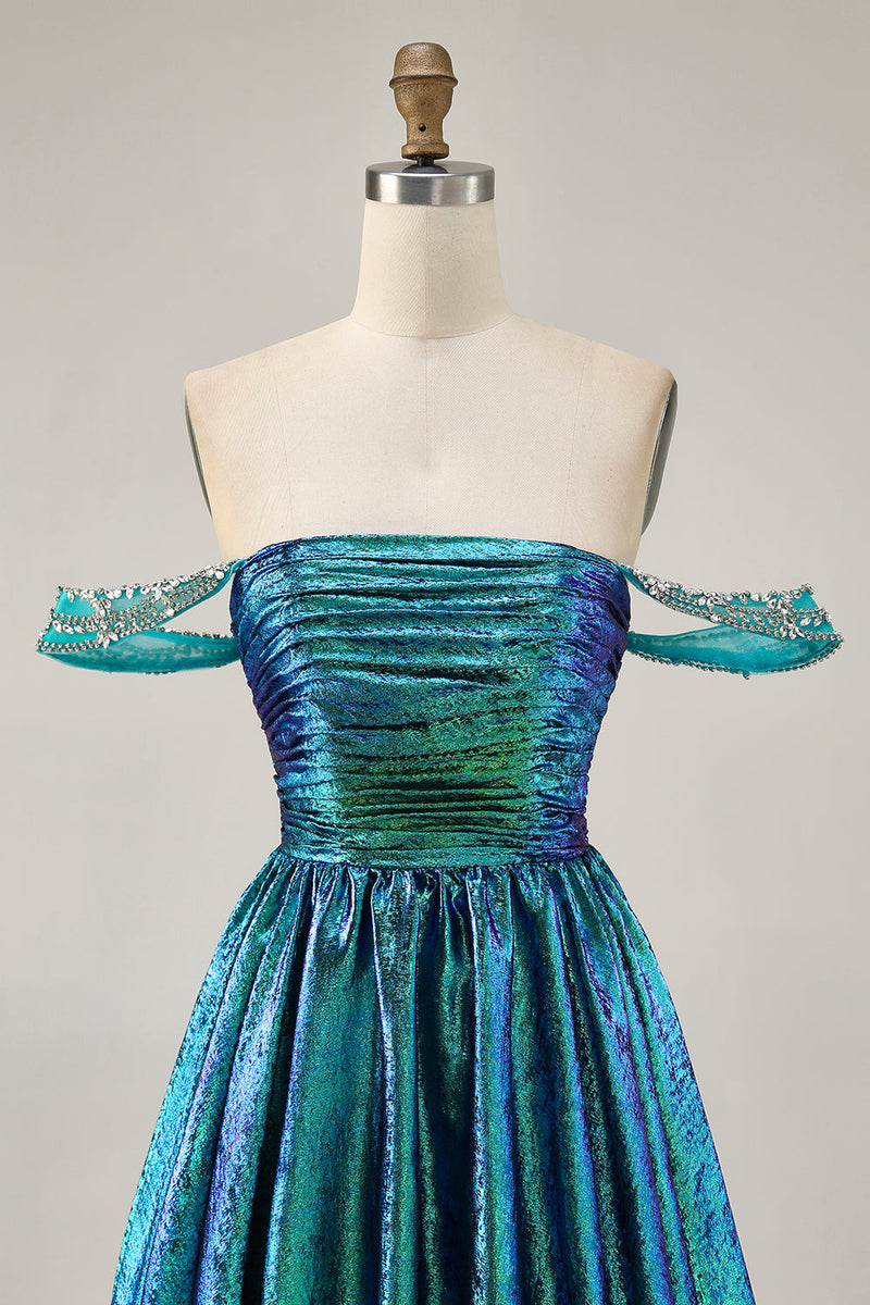 Load image into Gallery viewer, Sparkly Green Metallic A Line Off the Shoulder Short Homecoming Dress