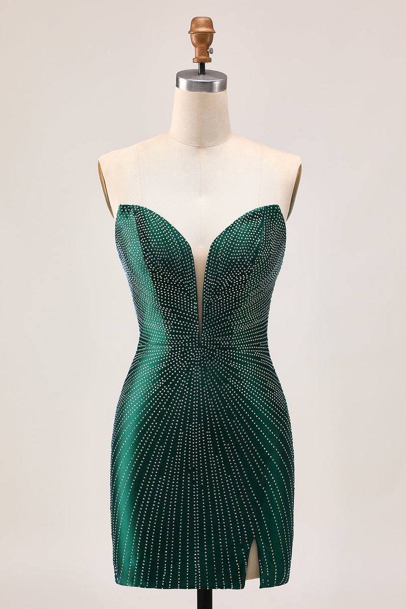 Load image into Gallery viewer, Sparkly Dark Green Tight Satin Beaded Short Homecoming Dress
