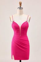 Load image into Gallery viewer, Sparkly Fuchsia Tight Spaghetti Straps Short Homecoming Dress with Beading