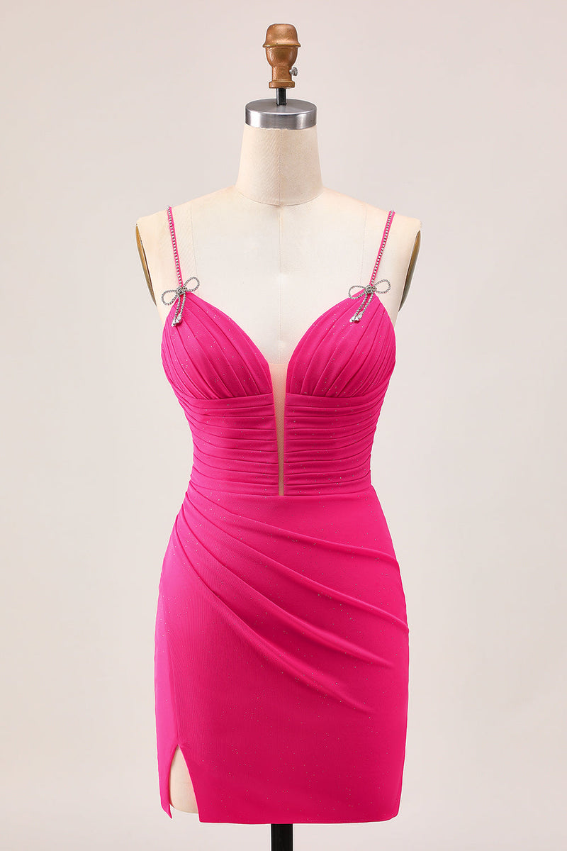 Load image into Gallery viewer, Sparkly Fuchsia Tight Spaghetti Straps Short Homecoming Dress with Beading