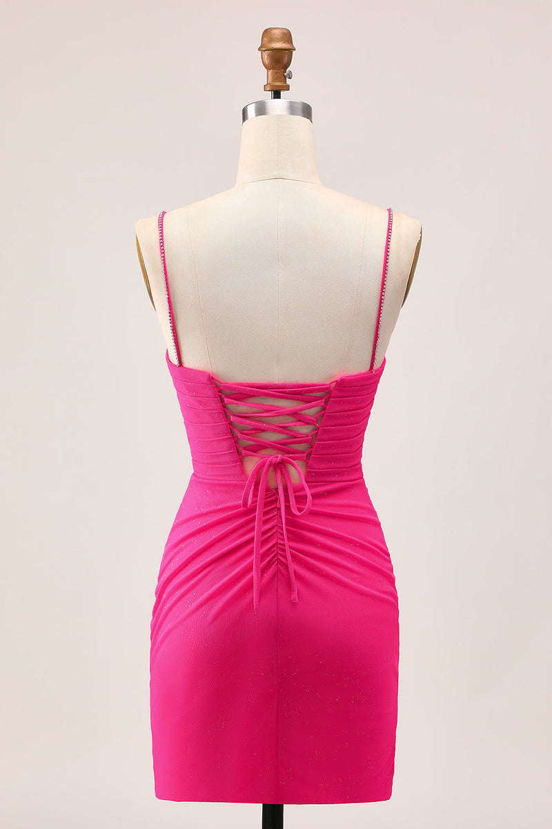 Load image into Gallery viewer, Sparkly Fuchsia Tight Spaghetti Straps Short Homecoming Dress with Beading