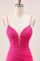 Load image into Gallery viewer, Sparkly Fuchsia Tight Spaghetti Straps Short Homecoming Dress with Beading