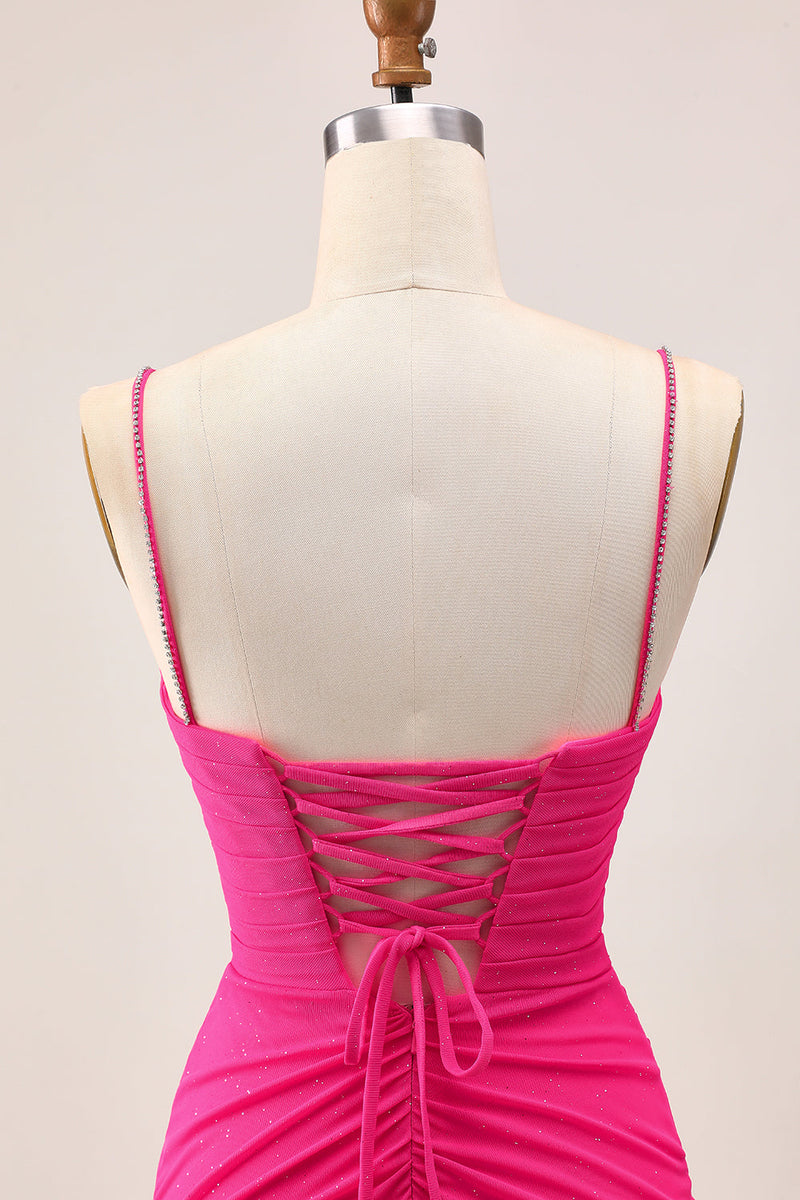 Load image into Gallery viewer, Sparkly Fuchsia Tight Spaghetti Straps Short Homecoming Dress with Beading