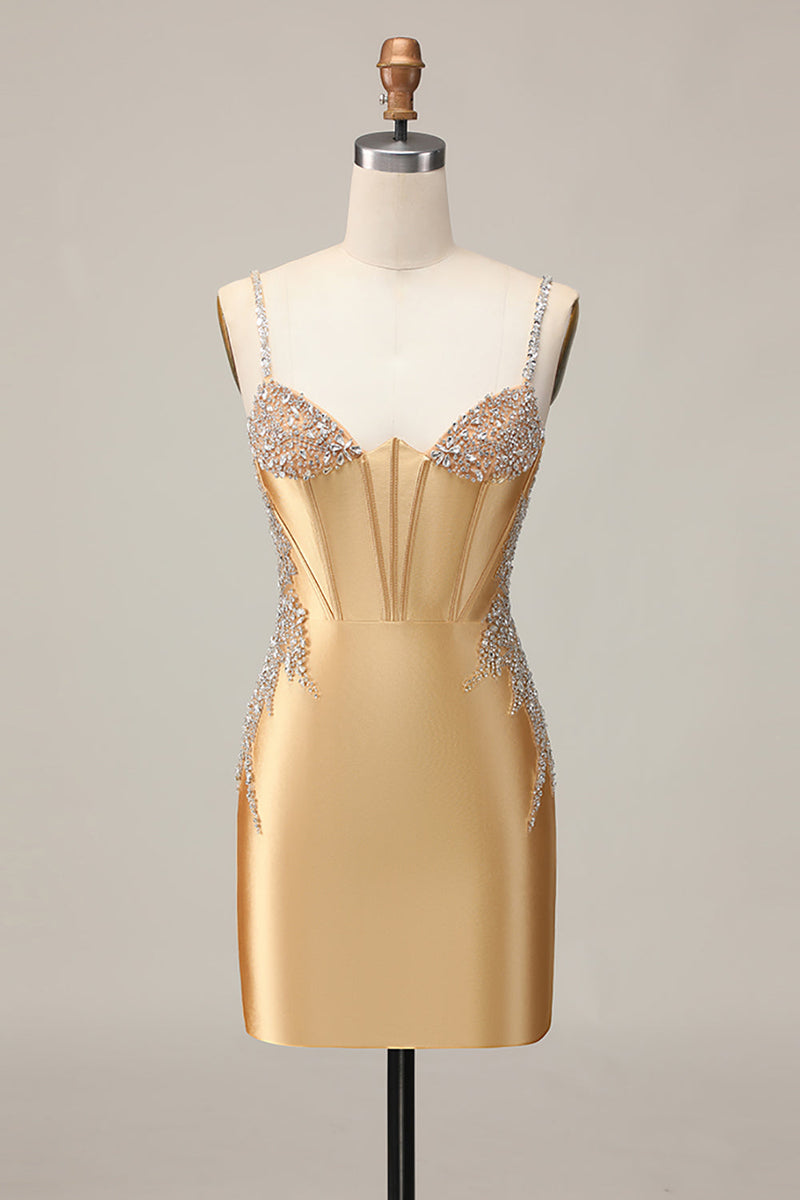 Load image into Gallery viewer, Sparkly Golden Satin Tight Short Corset Homecoming Dress with Beading