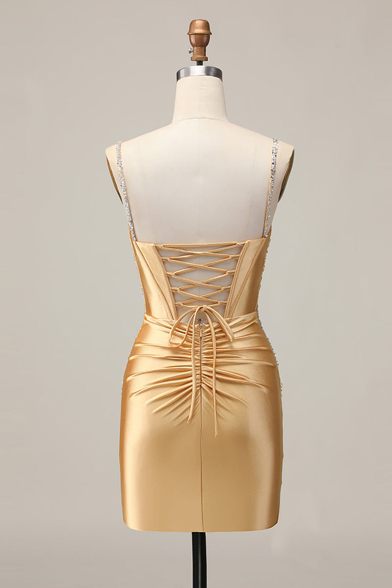 Load image into Gallery viewer, Sparkly Golden Satin Tight Short Corset Homecoming Dress with Beading