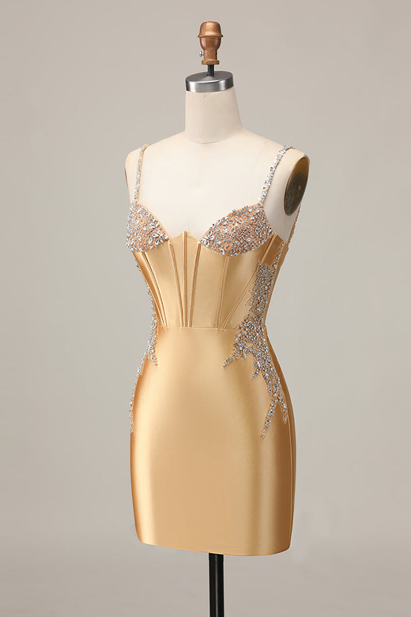 Load image into Gallery viewer, Sparkly Golden Satin Tight Short Corset Homecoming Dress with Beading