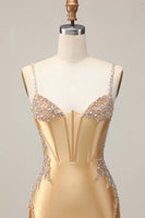 Load image into Gallery viewer, Sparkly Golden Satin Tight Short Corset Homecoming Dress with Beading