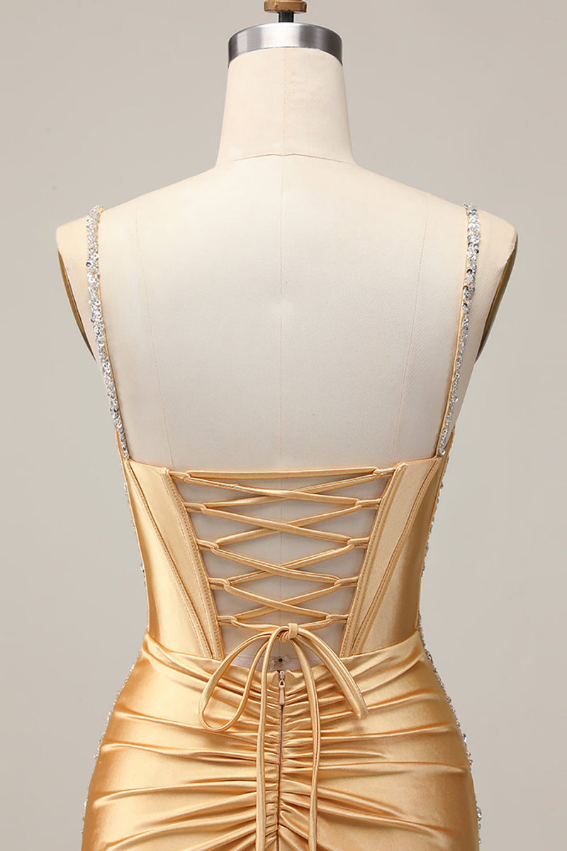 Load image into Gallery viewer, Sparkly Golden Satin Tight Short Corset Homecoming Dress with Beading