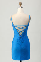 Load image into Gallery viewer, Sparkly Blue Cut Out Beaded Tight Short Homecoming Dress with Drapes