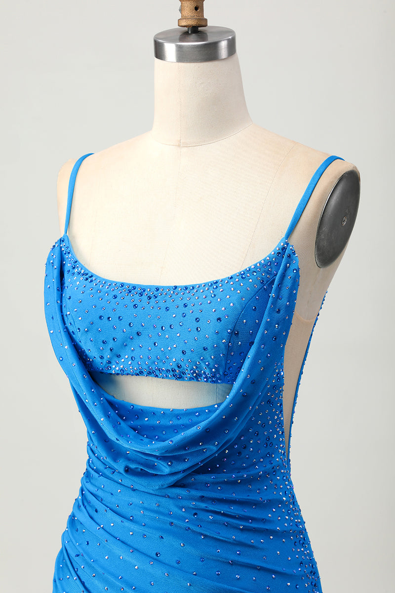 Load image into Gallery viewer, Sparkly Blue Cut Out Beaded Tight Short Homecoming Dress with Drapes