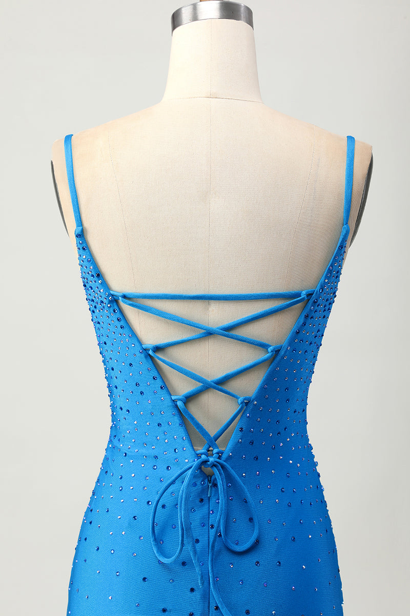 Load image into Gallery viewer, Sparkly Blue Cut Out Beaded Tight Short Homecoming Dress with Drapes