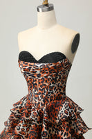 Load image into Gallery viewer, Khaki Leopard Print Strapless Corset Short Homecoming Dress with Ruffles