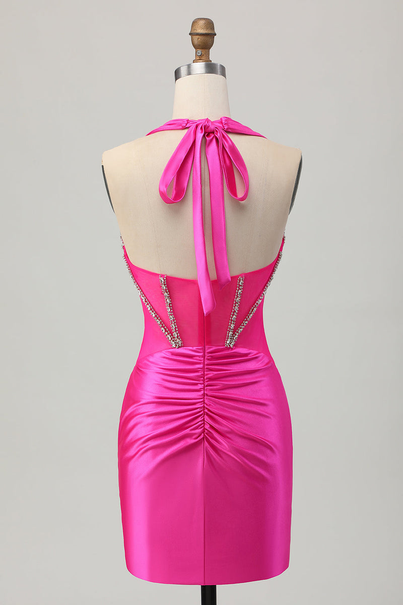 Load image into Gallery viewer, Sparkly Fuchsia Halter Corset Tight Short Homecoming Dress with Rhinestones