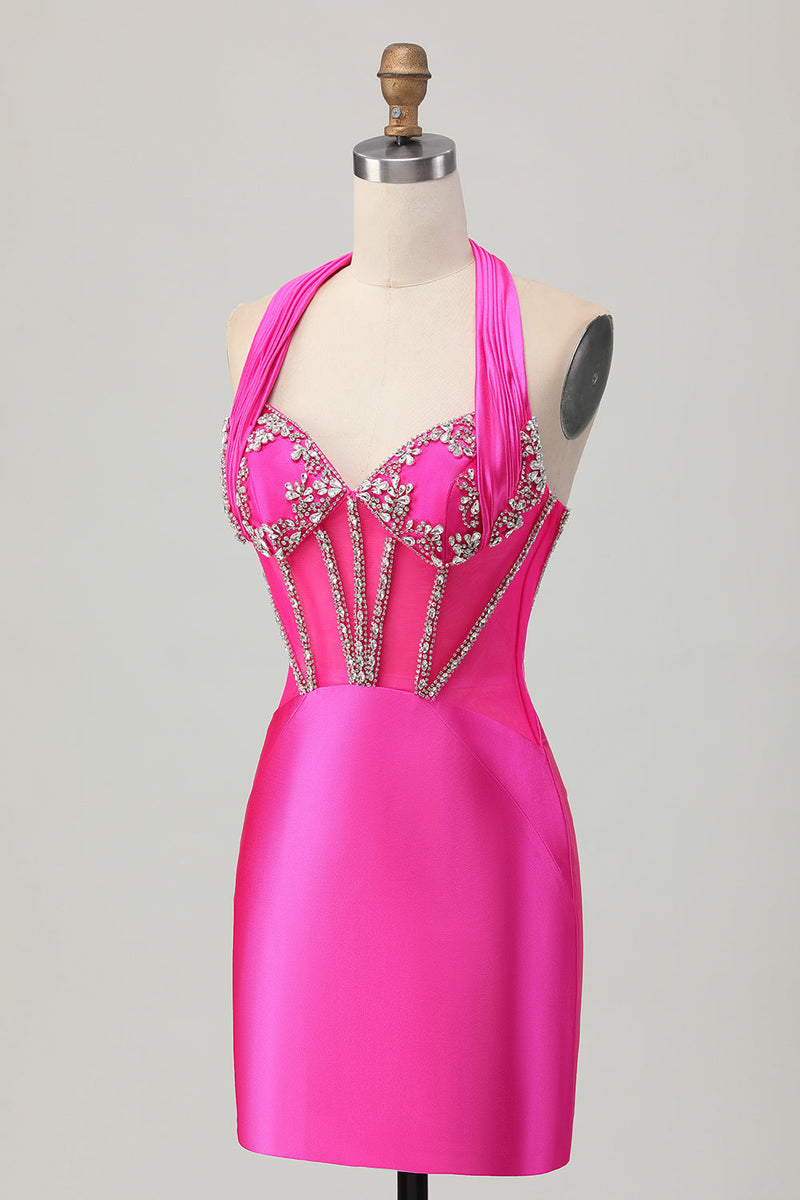 Load image into Gallery viewer, Sparkly Fuchsia Halter Corset Tight Short Homecoming Dress with Rhinestones