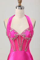 Load image into Gallery viewer, Sparkly Fuchsia Halter Corset Tight Short Homecoming Dress with Rhinestones