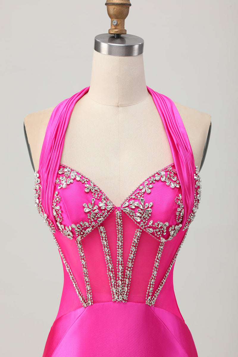 Load image into Gallery viewer, Sparkly Fuchsia Halter Corset Tight Short Homecoming Dress with Rhinestones