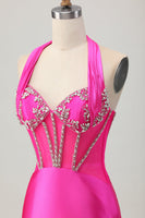 Load image into Gallery viewer, Sparkly Fuchsia Halter Corset Tight Short Homecoming Dress with Rhinestones