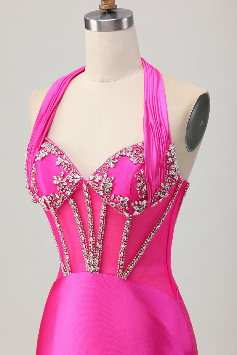 Load image into Gallery viewer, Sparkly Fuchsia Halter Corset Tight Short Homecoming Dress with Rhinestones
