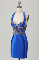 Load image into Gallery viewer, Sparkly Royal Blue Halter Corset Tight Short Homecoming Dress with Rhinestones