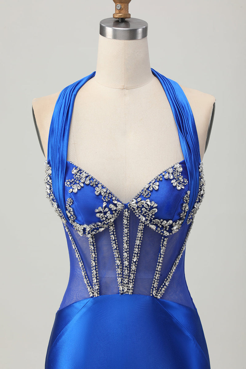 Load image into Gallery viewer, Sparkly Royal Blue Halter Corset Tight Short Homecoming Dress with Rhinestones