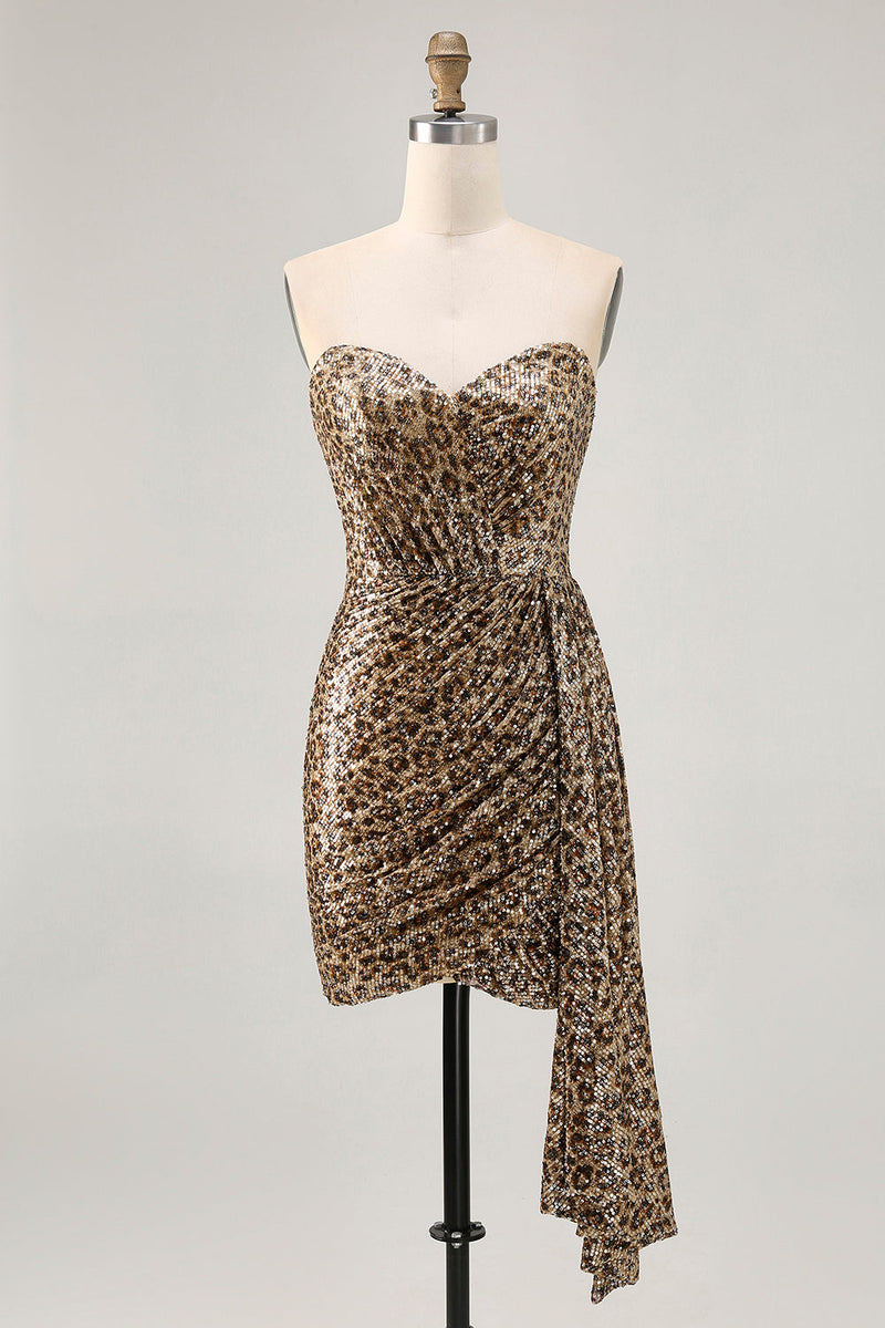 Load image into Gallery viewer, Sparkly Khaki Sequin Leopard Printed Short Tight Homecoming Dress
