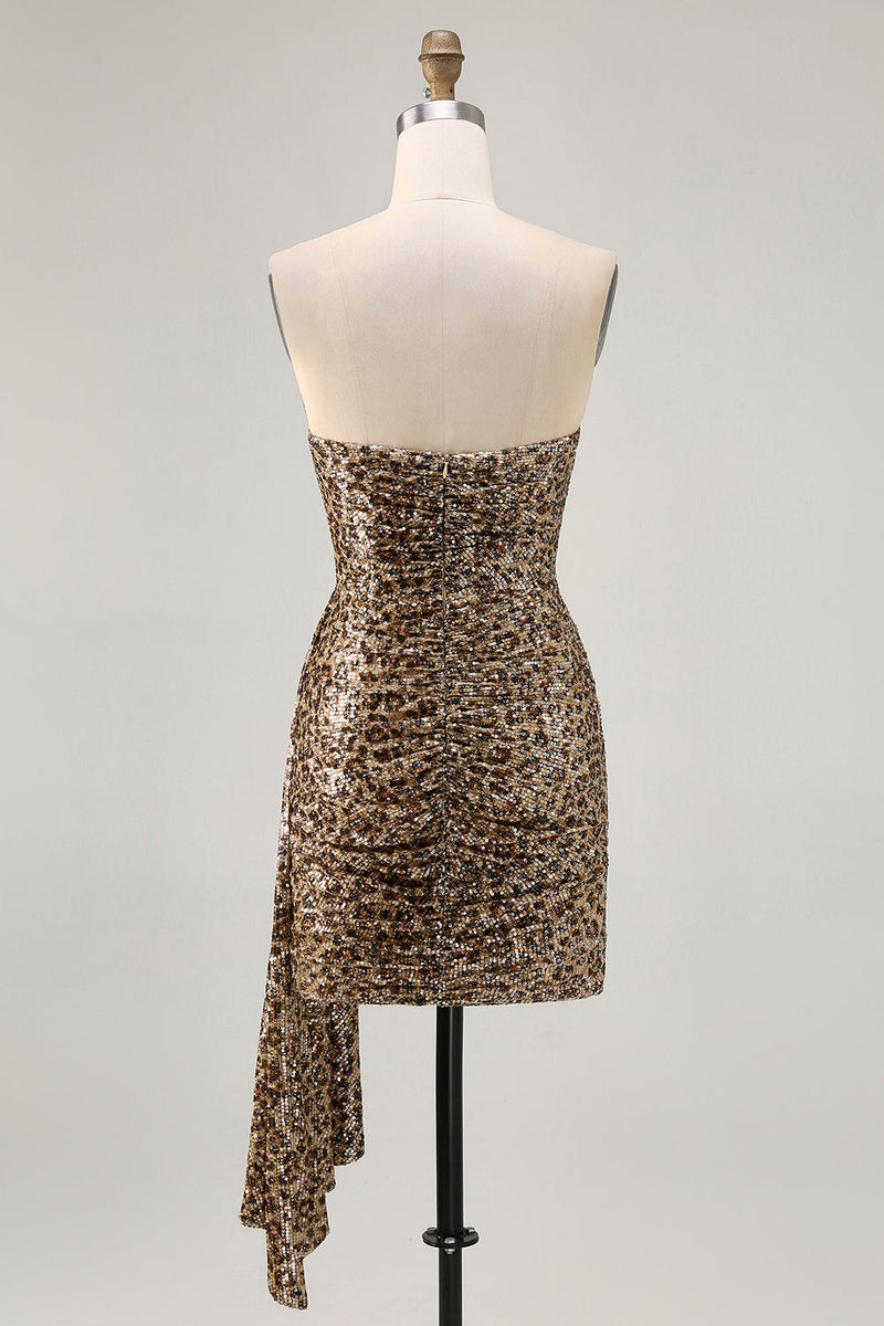 Load image into Gallery viewer, Sparkly Khaki Sequin Leopard Printed Short Tight Homecoming Dress