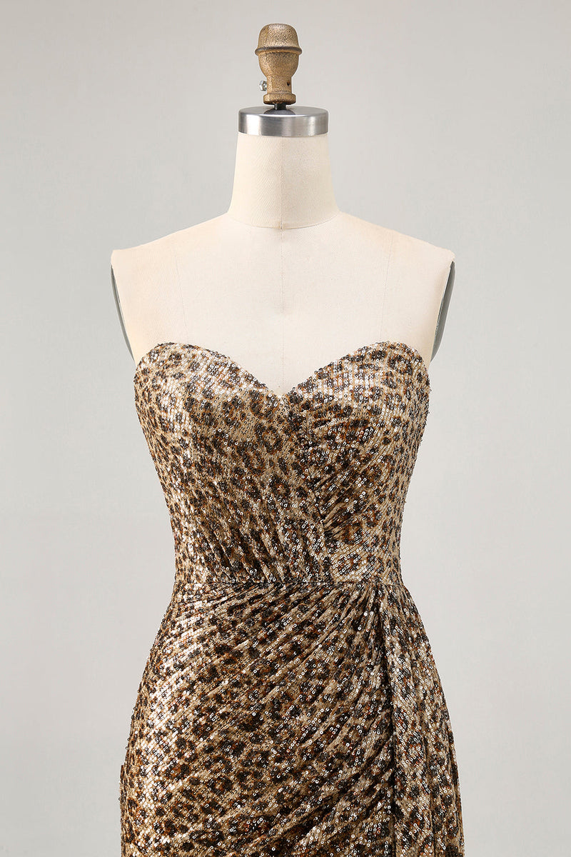 Load image into Gallery viewer, Sparkly Khaki Sequin Leopard Printed Short Tight Homecoming Dress