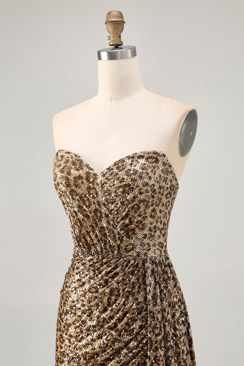Load image into Gallery viewer, Sparkly Khaki Sequin Leopard Printed Short Tight Homecoming Dress