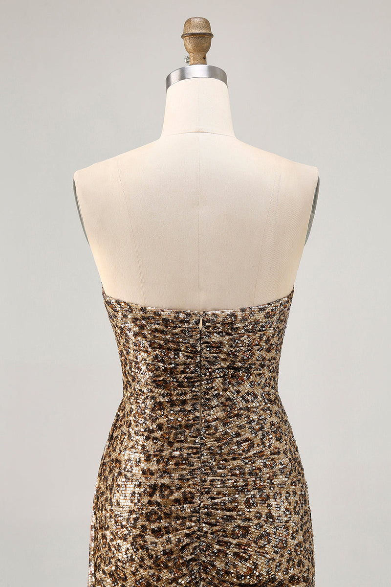 Load image into Gallery viewer, Sparkly Khaki Sequin Leopard Printed Short Tight Homecoming Dress