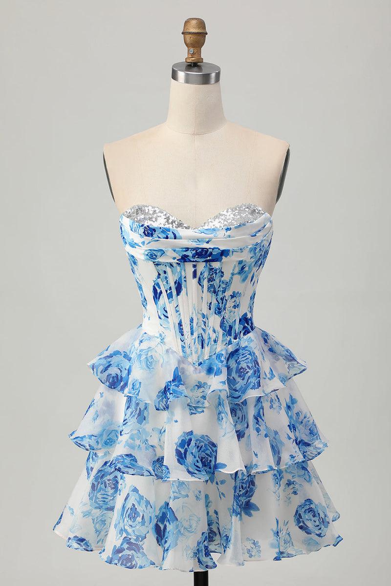 Load image into Gallery viewer, Sparkly Floral White and Blue Sweetheart Corset Short Homecoming Dress