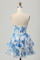 Load image into Gallery viewer, Sparkly Floral White and Blue Sweetheart Corset Short Homecoming Dress