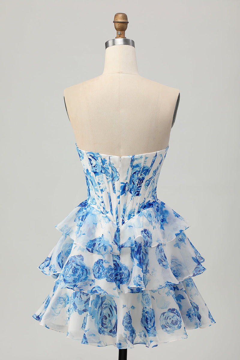 Load image into Gallery viewer, Sparkly Floral White and Blue Sweetheart Corset Short Homecoming Dress