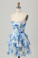 Load image into Gallery viewer, Sparkly Floral White and Blue Sweetheart Corset Short Homecoming Dress