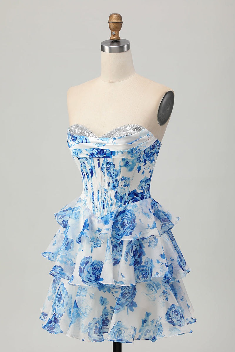 Load image into Gallery viewer, Sparkly Floral White and Blue Sweetheart Corset Short Homecoming Dress