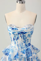 Load image into Gallery viewer, Sparkly Floral White and Blue Sweetheart Corset Short Homecoming Dress