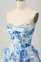 Load image into Gallery viewer, Sparkly Floral White and Blue Sweetheart Corset Short Homecoming Dress