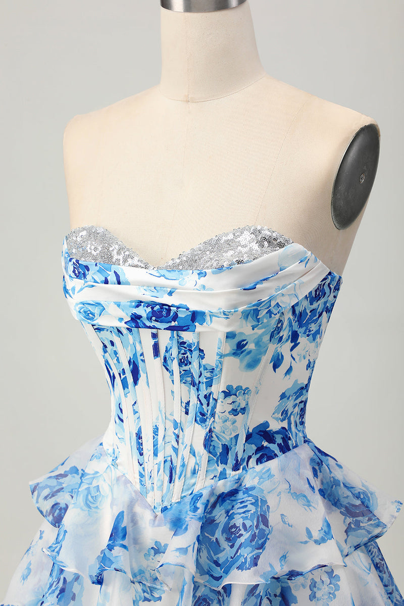 Load image into Gallery viewer, Sparkly Floral White and Blue Sweetheart Corset Short Homecoming Dress