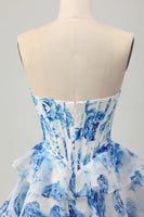 Load image into Gallery viewer, Sparkly Floral White and Blue Sweetheart Corset Short Homecoming Dress