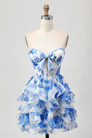 Load image into Gallery viewer, Floral White and Blue Ruffled Corset Short Homecoming Dress with Bow