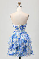 Load image into Gallery viewer, Floral White and Blue Ruffled Corset Short Homecoming Dress with Bow