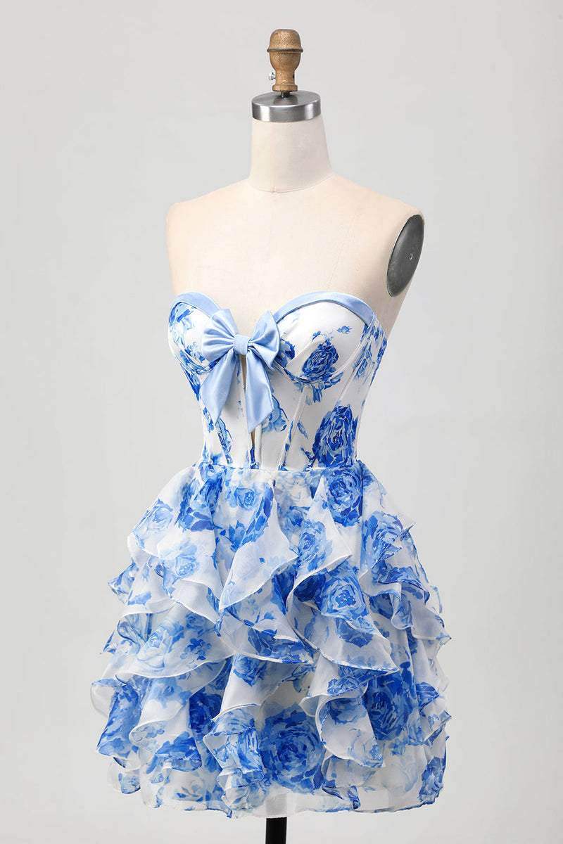 Load image into Gallery viewer, Floral White and Blue Ruffled Corset Short Homecoming Dress with Bow