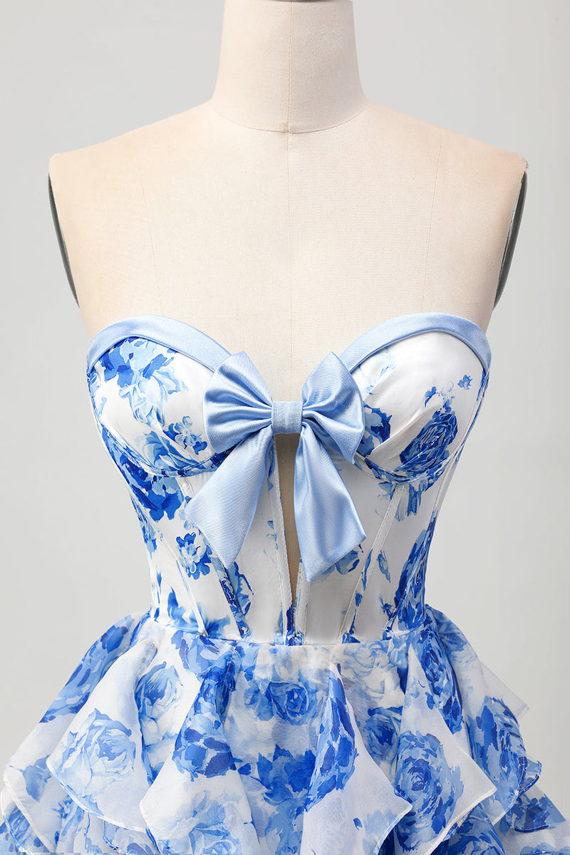 Load image into Gallery viewer, Floral White and Blue Ruffled Corset Short Homecoming Dress with Bow