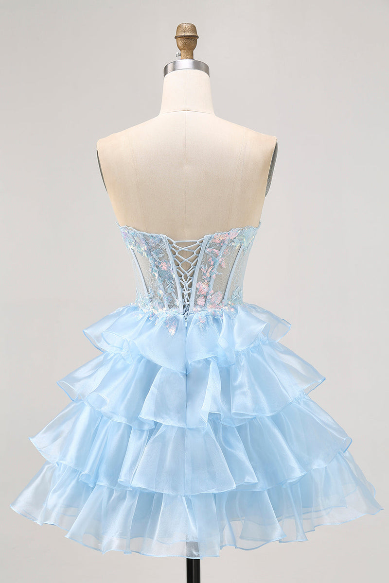 Load image into Gallery viewer, Sparkly Blue Sweetheart Corset Short Ruffled Homecoming Dress with Lace